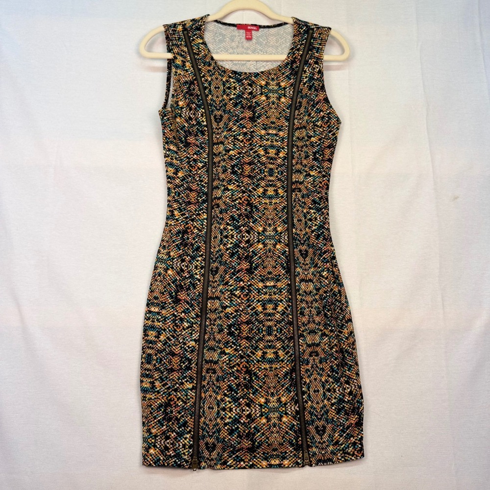 Bongo Vernice Geometric Print Sleeveless Bodycon Mini Dress with Front Zippers M